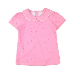 Cotton Spandex Kids Girls T shirt Custom Made Letters Printed Lace Peter Pan Collar Short Sleeves Blouse