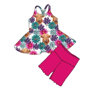 Cowgirl Print New Summer Floral Sleeveless Girl’s Clothing Set Personalized Printed Halter Top Shorts Bamboo Fiber Sweet Style