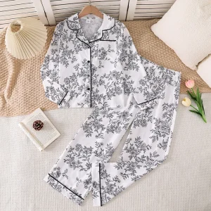 Cozy Long Sleeve Floral Print Sleepwear Set for Teen Girls Home Lounging Nightwear