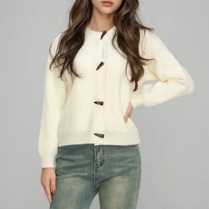 Crew Neck Knit Women’s Cardigan Sweater for Custom Wool Long Sleeve Knitted Girls Sweater Tops