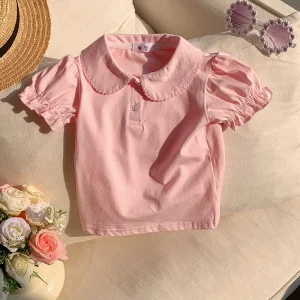 Cross Border Girls’ Short Sleeved Polo Shirt Spring New Style Lapel Top Bubble Sleeves Doll Collar Baby Children’s Clothing