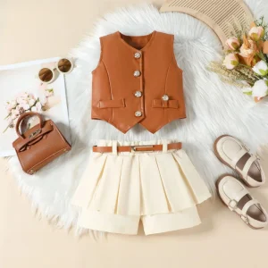 Cross-border European American Girls’ Summer Style PU Leather Sleeveless V-Neck Vest Top Paired Faux Two-Piece Set