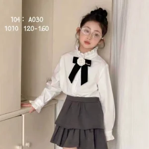 Cross-border Womens Girls Cotton Bow Blouse Autumn Childrens Tie-Neck Long-Sleeve Shirt Stylish Preppy College