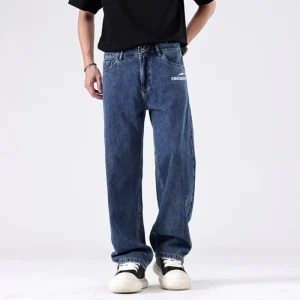 Custom 100% Cotton Thick Denim Fabric Change Pocket Embroidery Tapered Legs Baggy Pants Dark Blue Big Boy Jeans Indigo