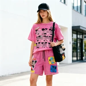 Custom Aesthetic Oversized Hot Pink Cartoon Print 100% Cotton Tee and Drawstring Shorts Set Girls Casual Hip Hop