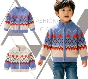 Custom Autumn Winter Baby Boy’s Sweater Cardigan Top Cotton Geometric Pattern Jacquard Computer Knitted Top Sweatshirt