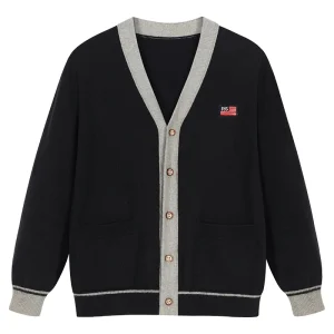 Custom Autumn Winter Chunky 100% Cotton Kids Knitted Sweater V Neck Front Button Boys Cardigan for Uniforms
