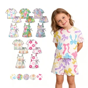 Custom Baby Girl Summer Print 3pcs Suits Girl Short Sleeve Yoga Bow Shaped Sleeveless Dress Clothing