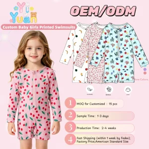 Custom Baby Girls Long Sleeve Rash Guard Swimsuit Front Zip One Piece Bathing Suit with Cherry Print UPF 50+ Girls Swimwear OEM