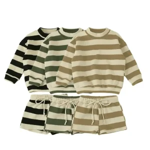 Custom Baby Kids Striped Cotton Crew Neck Pullover Sweater Short Set Kids Striped Set Baby Boys Clothing Set