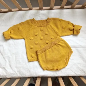 Custom Baby Knitted Sweater and Bloomer Set Organic Cotton Popcorn Bobble Ball Infant Pullover Shorts Outfit OEM