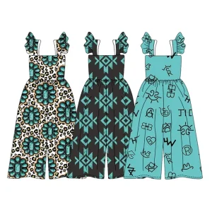 Custom Bamboo Clothing Girls Summer One Piece Romper Sleeveless Hawaii Floral Printed Kids Girls Ruffle Jumpsuits