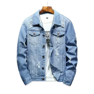 Custom Blue Ripped Mens Denim Jacket Distressed Fashion Boys Denim Jacket Men