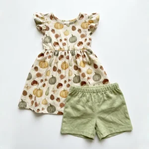 Custom Boutique Summer Animal Print Cotton Clothing Cute Girls 2T 3T 2 Piece Dress and Shorts Set with Logo for Kids