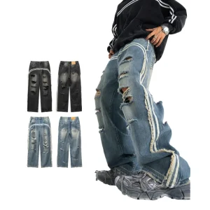 Custom Boys Denim Pants Ripped Distress Wash Boyfriend Jeans for Men OEM White Stripe Across Bagie Jeans Men