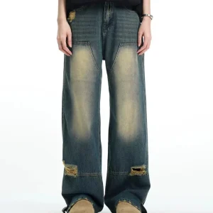 Custom Boys Double Knee Denim Pants Men Dirty Wash Vintage Jeans Denim Jean Loose Wide Leg Straight Baggy Jeans