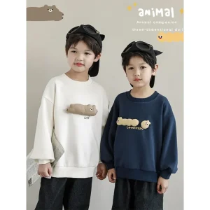 Custom Boys’ Solid Color Children Clothes Loose-fitting Casual Hoodie with Three-dimensional Pattern Kids Sweatshirt