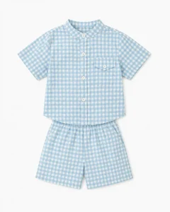 Custom Boys Summer Gingham Shirt Shorts Set Lightweight Stand Collar Casual Kids Outfit OEM ODM Clothing Supplier
