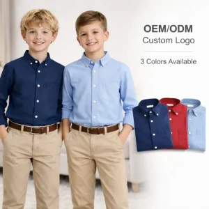 Custom Breathable Eco Friendly Kids Cotton Shirt Long Sleeve Solid Color Boys Girls Casual Oxford Shirt OEM ODM Children