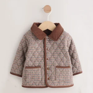 Custom Brown Heritage Check Pattern Quilted Baby Boys Winter Jacket Eco Friendly Fleece Lined Turn Down Collar Garment Dyed