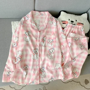 Custom Cartoon cat Printed Pajamas for Women Girls Long Sleeve Shirt with Pj Pants Sleepwear Home Wear 2 Piece Pajama Sets