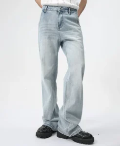 Custom Casual Simple Retro Blue Washed Jeans Slim Fit Cool Boy Leg Pants Cotton Men Trousers Slight Bootcut Men’s Jeans