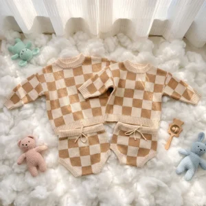 Custom Checkerboard Knit Baby Sweater Bloomers Set 2pcs Organic Cotton Newborn Outfit Plaid Pullover Shorts Infant OEM