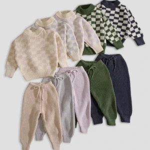 Custom Checkerboard Knit Baby Sweater Pants Set 2pcs Cotton Toddler Outfit Plaid Pullover Ribbed Jogger Newborn Knitwear OEM