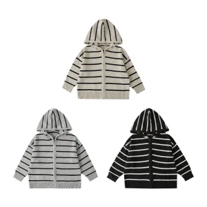 Custom Children Clothes OEM ODM Baby Trendy Casual Knit Sweater Cardigan Striped Cuffs Hem Zipper Kids Boys Hood