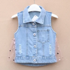 Custom Children Clothing Kid Sleeveless Denim Flocking Tulle Girls Vest