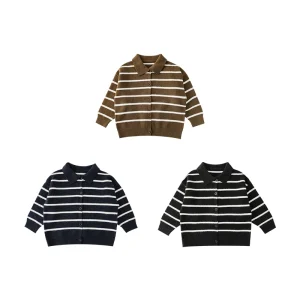 Custom Children Knitted Striped Sweater Button-up Cardigan Ribbed Cuffs Hem Turn-down Collar Kids Boys Clothes