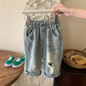 Custom Children Summer Clothing Girls Boys Kids Light Blue Baggy Ripped Butt Pants Jeans