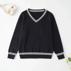 Custom Children’s Autumn Acrylic Breathable Striped High Quality Boys V Neck Long Sleeve Button Style Cardigan Sweater