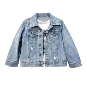 Custom Children’s Denim Jacket Baby Boys Light Blue Distressed 100% Cotton Button Spring Manufacturer
