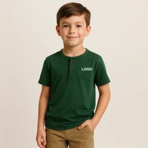 Custom Children’s Henry Collar Short Sleeve Casual Cotton Boys’ T Shirt Summer Top Beaded Printed