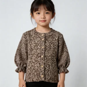Custom Chunky Knitted Girls Cardigan with Lantern Sleeves Ruffled Cuffs Brown Marl Toddler Sweater Button Up Kids Top