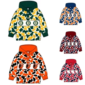 Custom College Sport Team Logo Kids Cow Camo Print Hooded Sweatshirt Boys Girls Button Henley Collar Contrast Hood Casual Hoodie