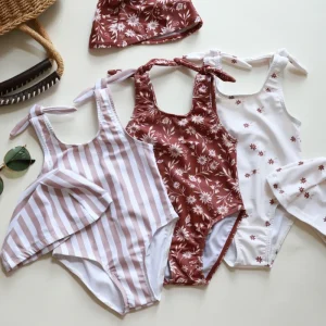 Custom Color Floral Girls Bikini Set Kids Swimwear Matching Swimwear Hat Beachwear for Children