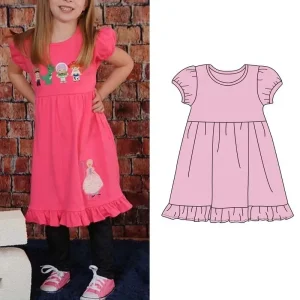 Custom Cotton Blank Embroidery Girl Dress Cup Sleeve Casual Frill Kids Girl Summer Dresses