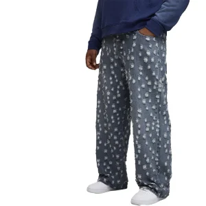 Custom Cotton Straight Casual Jacquard Jeans Blue Wash Denim Pants Boys Plus Size Jeans Stacked Men Jeans