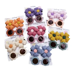 Custom Cute Kids Fabric Flower Hair Clip and Novelty Fun Sunglasses Combo Set for Toddler Girls Hair Accessories