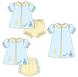 Custom Dance Girl Printed Children Girls Clothing Sets Short Sleeve Smocked Ruffle High-heeled Embroidery Girl Little Outfits
