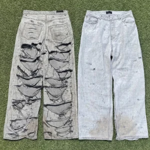 Custom Dark Blue Baggy Washed Straight Distressed High Streetwear Vintage Style Denim Boys Pants Men’s Stacked Flared Jeans