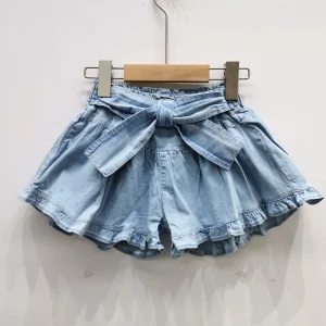 Custom Design 100% Cotton Girls Denim Shorts with Ruffle Children Girls Shorts for Summer