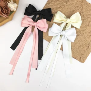Custom Double-Layer Satin Fabric Hair Bow Hairpin Beige Black Hairband Ponytail Clip Accessories for Girls and Kids