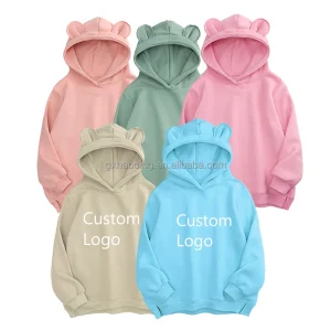 Custom Embroidered Bear Ears Hoodie for Boys Girls Solid Color Long Sleeve Sweatshirts Breathable Appropriate for Babies