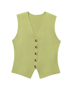 Custom Embroidered Logo White V Neck Knitted Vest Women’s Single Breasted Slim Fit Sleeveless Casual Vest OEM