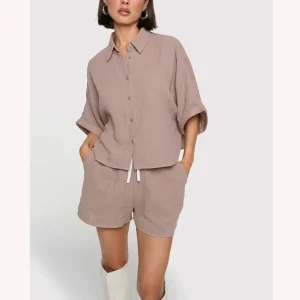 Custom Embroidery Logo Women’s Leisure Wear 100% Cotton Crinkle Shorts Elastic Drawstring Waist Casual Summer Muslin Bottoms