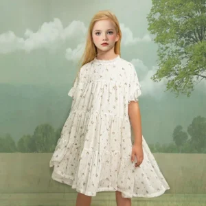 Custom Floral Girls Dress With Short Flutter Sleeves Summer Chiffon Lace Girls Dresses Kids Child Cloth