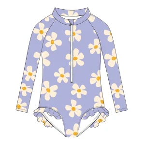 Custom Floral Print Ruffled Toddler Girls Rash Guard Long Sleeve Zip UPF50+ One Piece Swimsuit